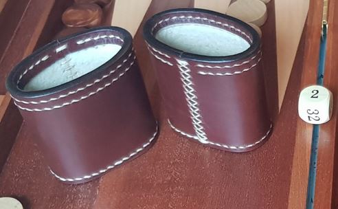 Precision backgammon dice and cups. Link to bespoke dice cups.