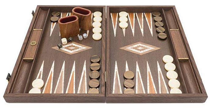 Manopoulos Natural Walnut Burl and Wenge backgammon set, playing field and accessories.