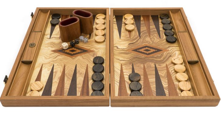 Manopoulos Luxury Olive Wood Burl Backgammon board and accessories.
