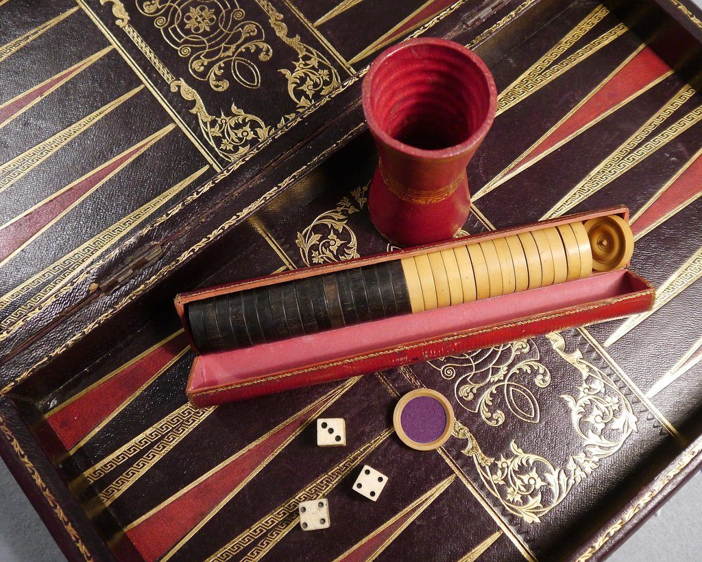 Antique book style backgammon set, accessories.