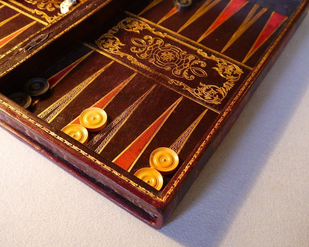 Antique book style backgammon set, playing field.