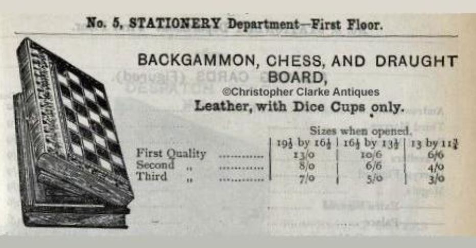 Antique leather backgammon set, advertisement.