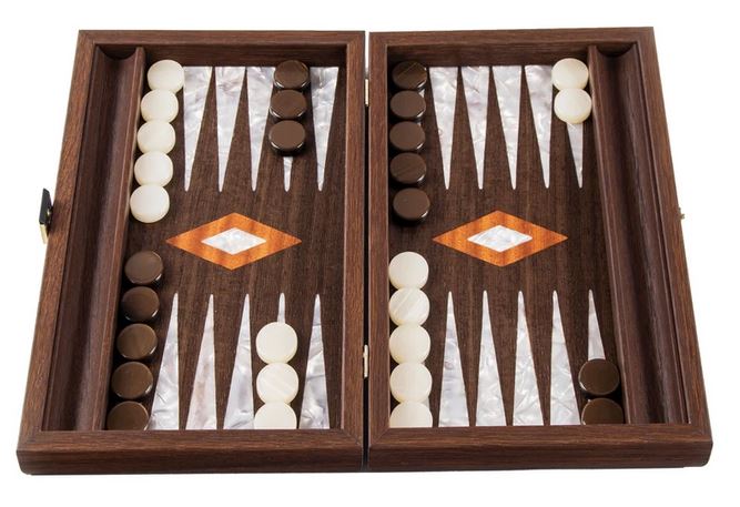 The Manopoulos walnut burl backgammon set with mother of pearl inlays.